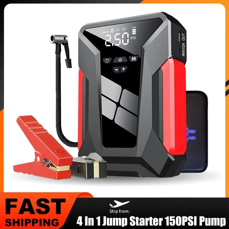 4in1 รถ Jump Start Air Compressor Power Bank 2000A แบตเตอรี่แบบพกพา Booster Starter Digital ยาง Inflator ปั๊มลม