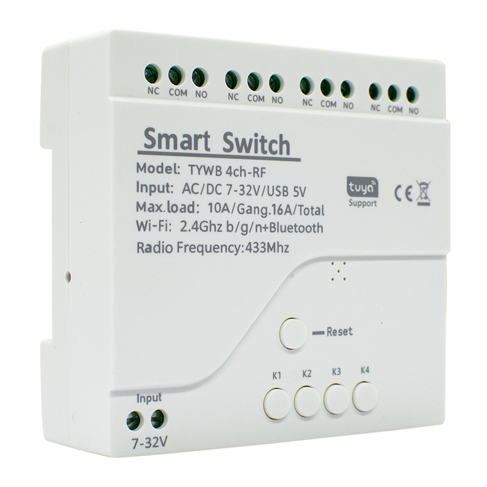 อุปกรณ์สวิทช์อัจฉริยะ WiFi 4 ช่อง สำหรับ Tuya AC DC 7-32V 10A โมดูลควบคุมรีเลย์อัจฉริยะที่ทำงานร่วมกับ Alexa และ Google Home Automation