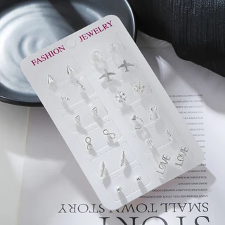 ต่างหูขนาดเล็กที่ละเอียดอ่อน 12 คู่ Leaf Airplane Love Stud ต่างหูชุดสไตล์เกาหลีแฟชั่นเครื่องประดับของขวัญ