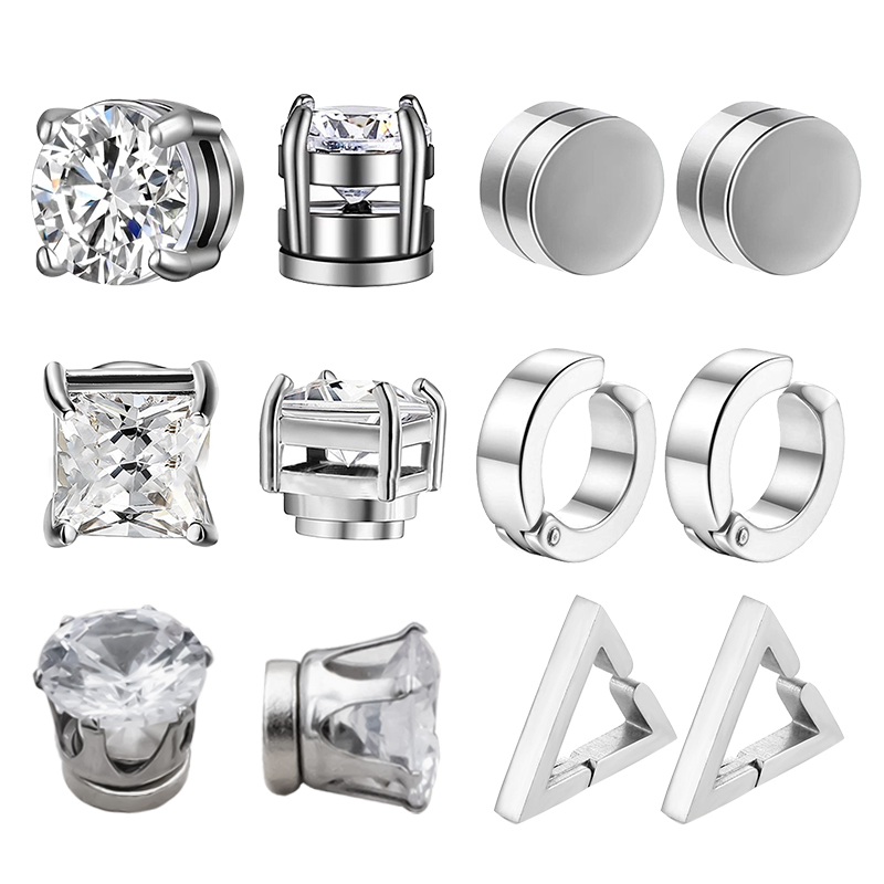1 คู่ต่างหูสตั๊ดแม่เหล็กสแตนเลสสตีลคริสตัล Rhinestone คลิปต่างหู Unisex คลิปบนต่างหู Cz