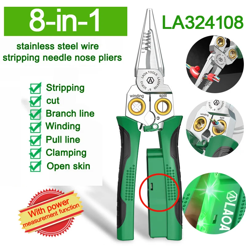 Laoa คีมช่างไฟฟ้า Multi-function Wire Stripper 8-in-1 คีมจมูกเข็มสแตนเลสพร้อมเครื่องมือไฟฟ้ามือ (มาพร้อมกับใบมีดสํารอง)