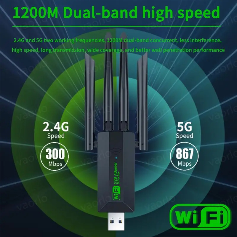 1200mbps USB Wifi อะแดปเตอร์ไดร์เวอร์ฟรี 4 เสาอากาศการ์ดเครือข่าย USB USB 3.0 ไร้สายระยะไกล Dual Band 5GHz สําหรับเดสก์ท็อป PC Window10/11