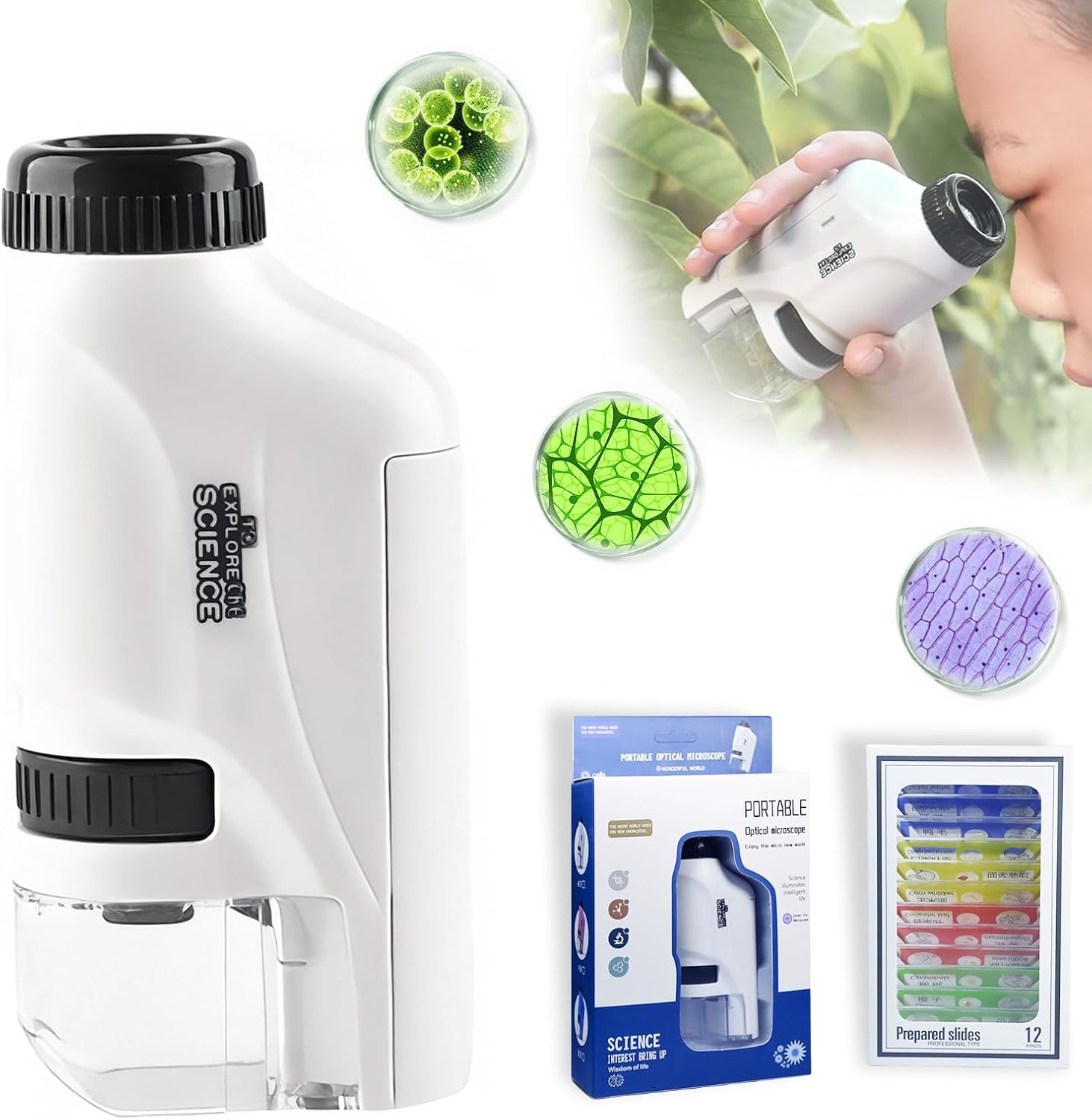 กล้องจุลทรรศน์พกพาขนาดเล็ก 60-120X ใหม่ สำหรับเด็ก ชุดห้องปฏิบัติการ กล้องจุลทรรศน์แบบถือพร้อมไฟ LED