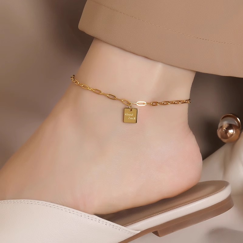 1 ชิ้น High-End goodluck กําไลข้อเท้ายี่ห้อสแควร์ไทเทเนียมเหล็กไม่ซีดจางหรูหราโซ่เท้า