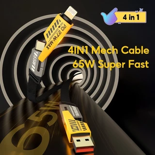สายชาร์จ 4in1 65W ไนล่อนถัก ชาร์จเร็ว Type-C/iOS สายชาร์จสำหรับ iP หลายหัว