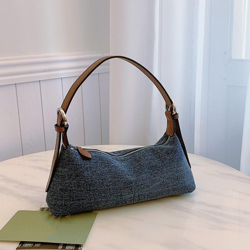 สุภาพสตรีแฟชั่น Niche Denim Stitching Baguette Bag, Casual All-Match กระเป๋าสะพายกระเป๋าสะพายข้าง