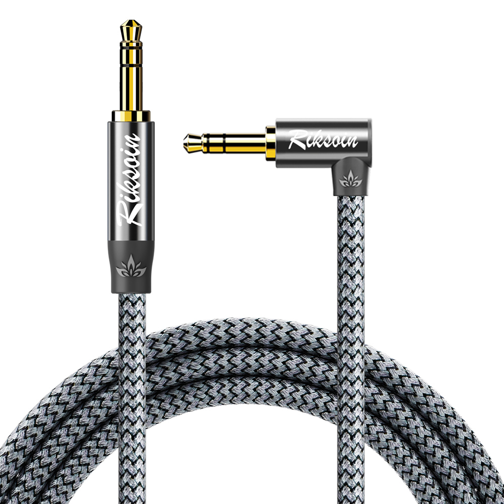 Riksoin Aux Cord, สายสัญญาณเสียงสเตอริโอ 3.5 มม., สายเคเบิล Aux สั้น 90 องศา, สายเคเบิล TRS มุมขวาสําหรับหูฟัง, แท็บเล็ต, ลําโพง, ชุบทอง 24K