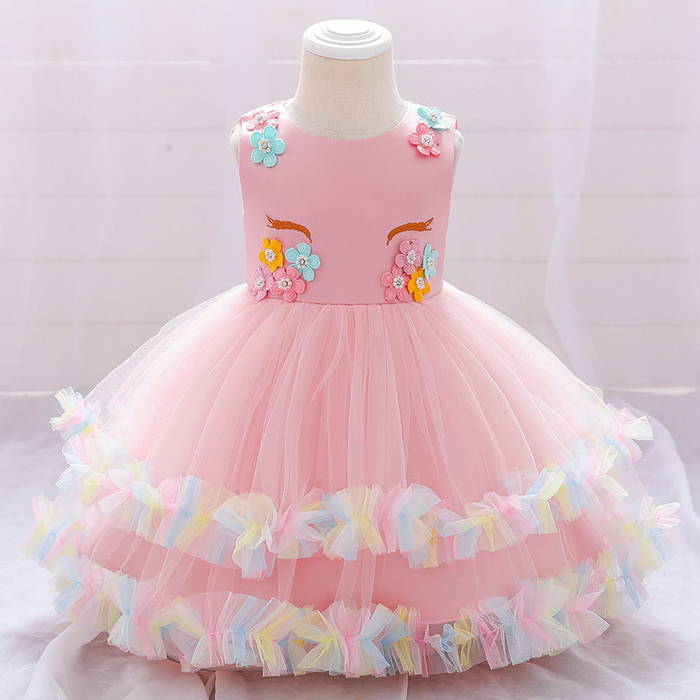 ยูนิคอร์นที่มีสีสันเด็กทารก 1st วันเกิดชุดดอกไม้ Tulle Baptism ชุดเด็กสําหรับสาวงานแต่งงานเด็กวัยหัดเดินทารก Party Prom Gown