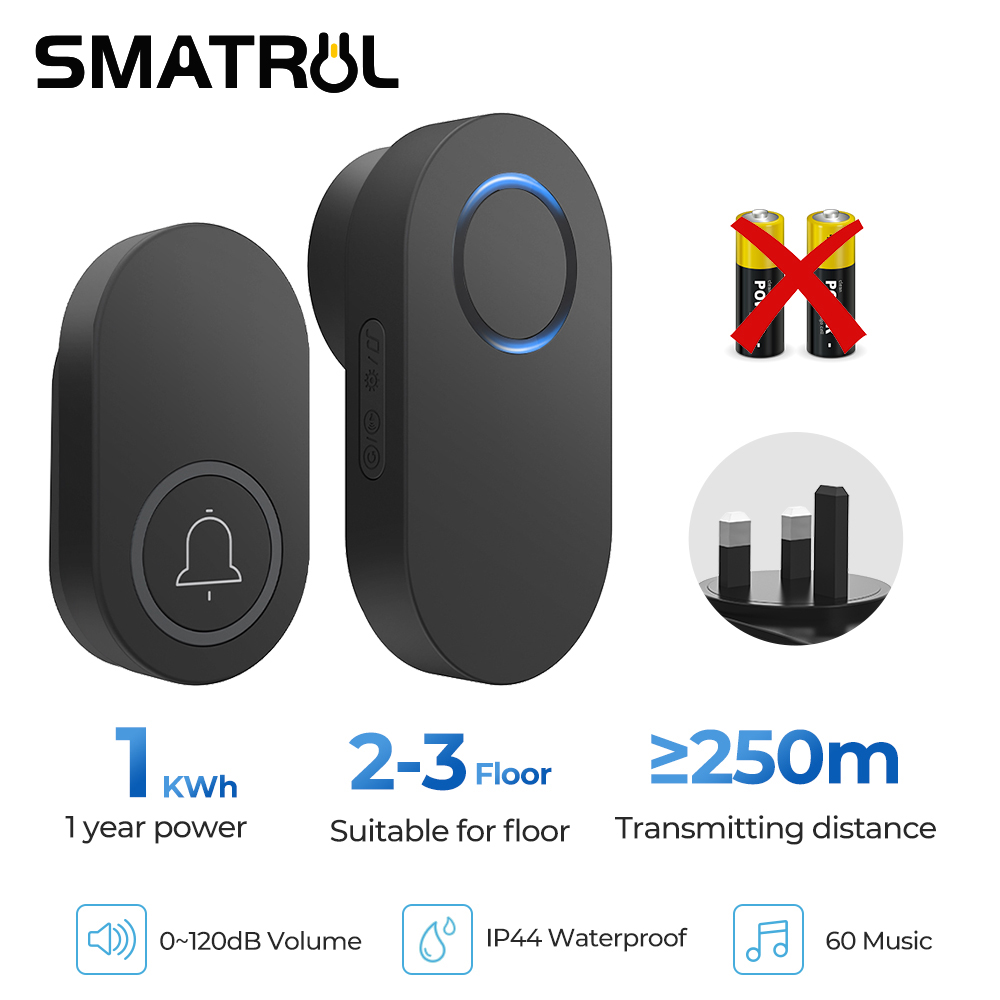 Smatrul UK Plug Wireless Doorbells ไม่ต้องใช้แบตเตอรี่ 60 Chimes 4 ระดับปริมาณ IP44 กันน้ํามากกว่า 350M range 110dB ประตู Bell Ringer ไร้สายสําหรับห้องเรียน,