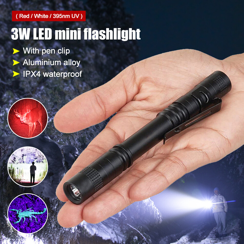 ไฟฉาย LED สีขาว/แดง/395nm UV พกพาสะดวก พร้อมคลิปปากกา ใช้แบตเตอรี่ AA (ไม่รวมแบตเตอรี่)