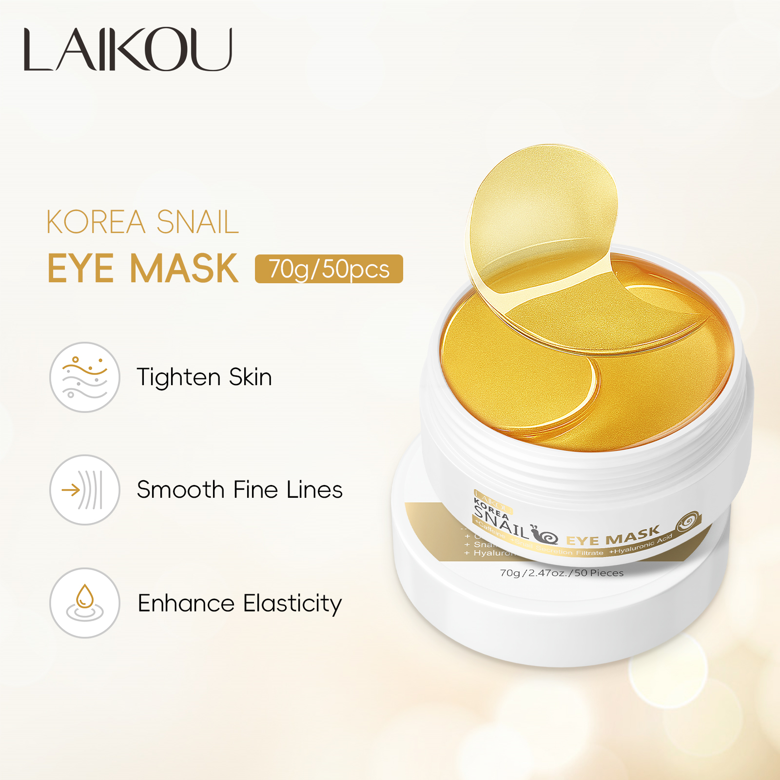 LAIKOU แผ่นมาส์กตาหอยทากทอง ลดเลือนริ้วรอย ถุงใต้ตา ต่อต้านริ้วรอย 50 ชิ้น