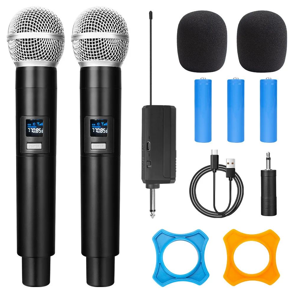 ไมโครโฟนไร้สาย 2 ช่อง UHF Dual Handheld Dynamic ไมโครโฟนพร้อมแบตเตอรี่ชาร์จสําหรับคาราโอเกะ Party Home Meeting