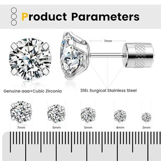 สแตนเลส Cubic Zirconia ต่างหูสตั๊ดสําหรับผู้หญิง 3-7 มม.ประกาย Elegant Party เครื่องประดับงานแต่งงานชุดของขวัญ