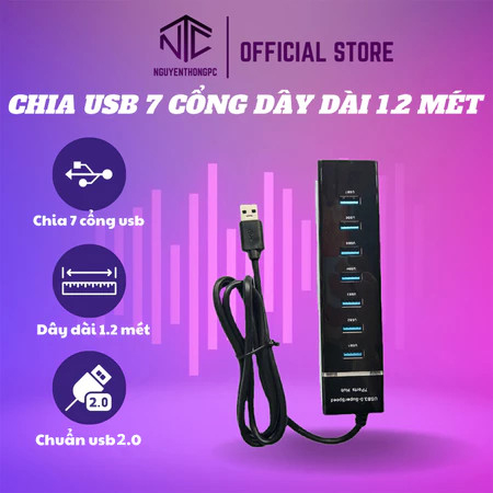 ฮับ USB พอร์ต 7in1 USB SuperSpeed 5Gbps สายยาว 1.2 เมตรพร้อมไฟ LED สำหรับแล็ปท็อปและพีซี
