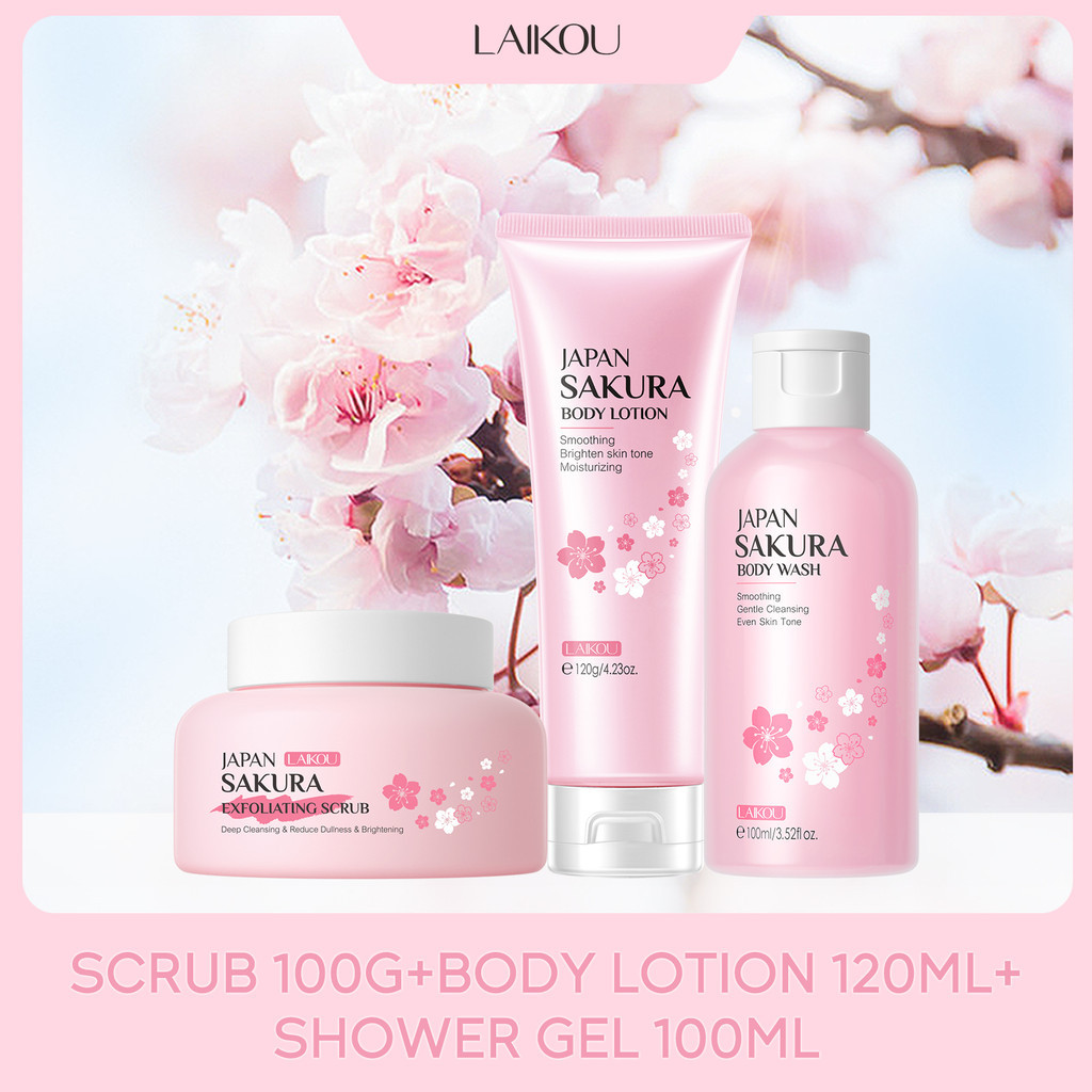 Laikou Sakura Bath & Body Care Set 3 ชิ้น--เจลอาบน้ํา 100ml + สครับ 100g + โลชั่นบํารุงผิว 120g-ทําความสะอาดล้ําลึก /เรืองแสง /เรียบและบํารุง