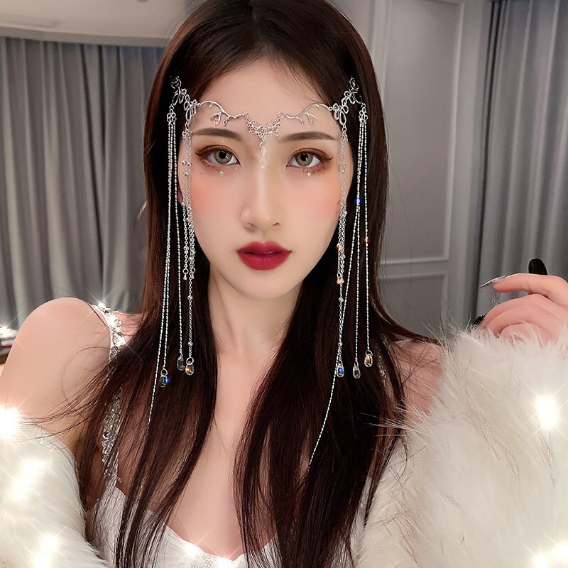 ยาวพู่ใบหน้าม่านหน้าผากตกแต่ง,ชม. อันฟู่ผมคริสตัลหญิงกิ๊บหวานหน้าผากโซ่ม่านคริสตัล ชม. หูฟัง