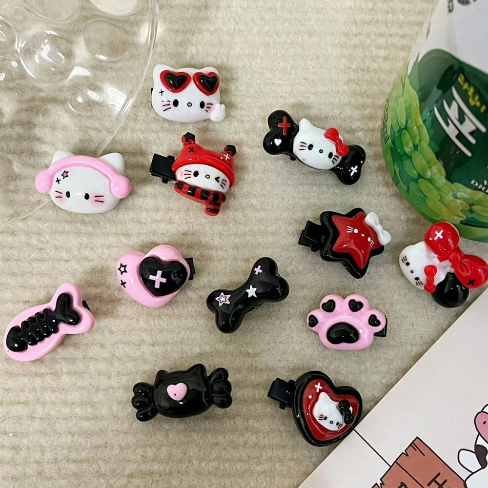 สีชมพูสีดําหวาน Cool kitty Cat น่ารัก Retro สีดําสีแดง Hello kitty กิ๊บติดผมการ์ตูน Bangs คลิปมินิคลิปขนาดเล็กหญิง
