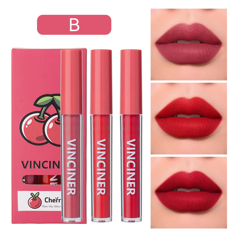 3 ชิ้น Fruit Lip Gloss Set Matte Non-Stick Cup Liquid ลิปสติก Lasting Moisturizing Lip Gloss