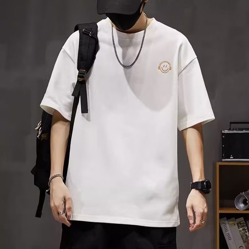 ผ้าไหมน้ําแข็งหลวมหน้ายิ้มพิมพ์ฤดูร้อนสีทึบแขนสั้นเสื้อยืดผู้ชายผู้หญิงเสื้อผ้าด้านบนเสื้อยืดหลวมครึ่งแขนอินเทรนด์ทุกการแข่งขันคู่สวม