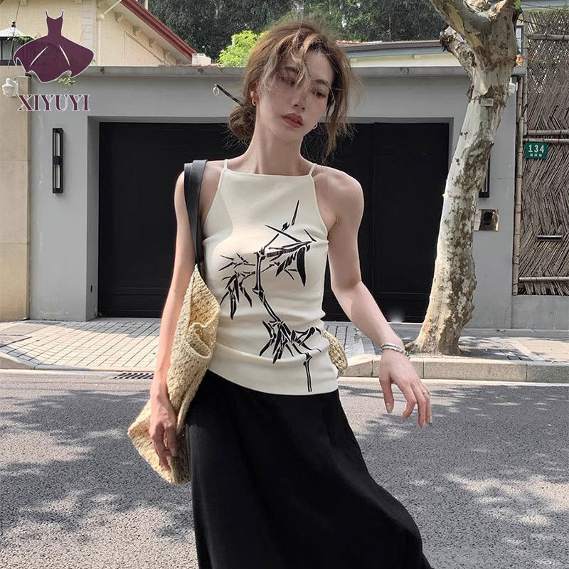 ใหม่สไตล์จีนไม้ไผ่พิมพ์ยกทรงผู้หญิงฤดูร้อนสวมใส่ด้านนอกย้อนยุคสาวร้อนออกแบบสั้นแขนกุดด้านบน
