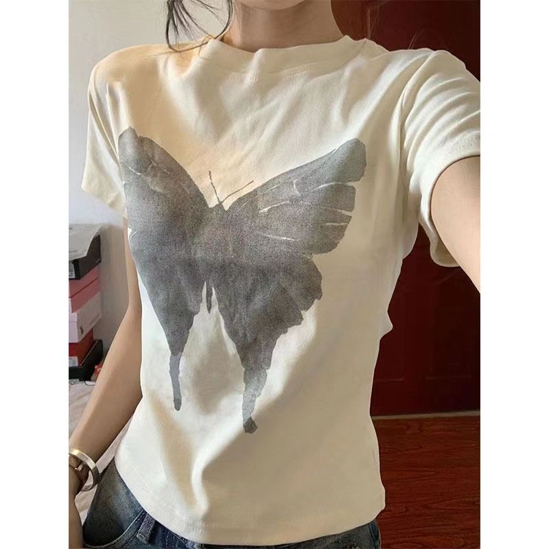 ข้ามพรมแดนสีเทาผีเสื้อออกแบบพิมพ์รอบคอแขนสั้นสีขาวด้านบนของผู้หญิงฤดูร้อนร้อนขายเสื้อยืดบูติกผู้หญิง