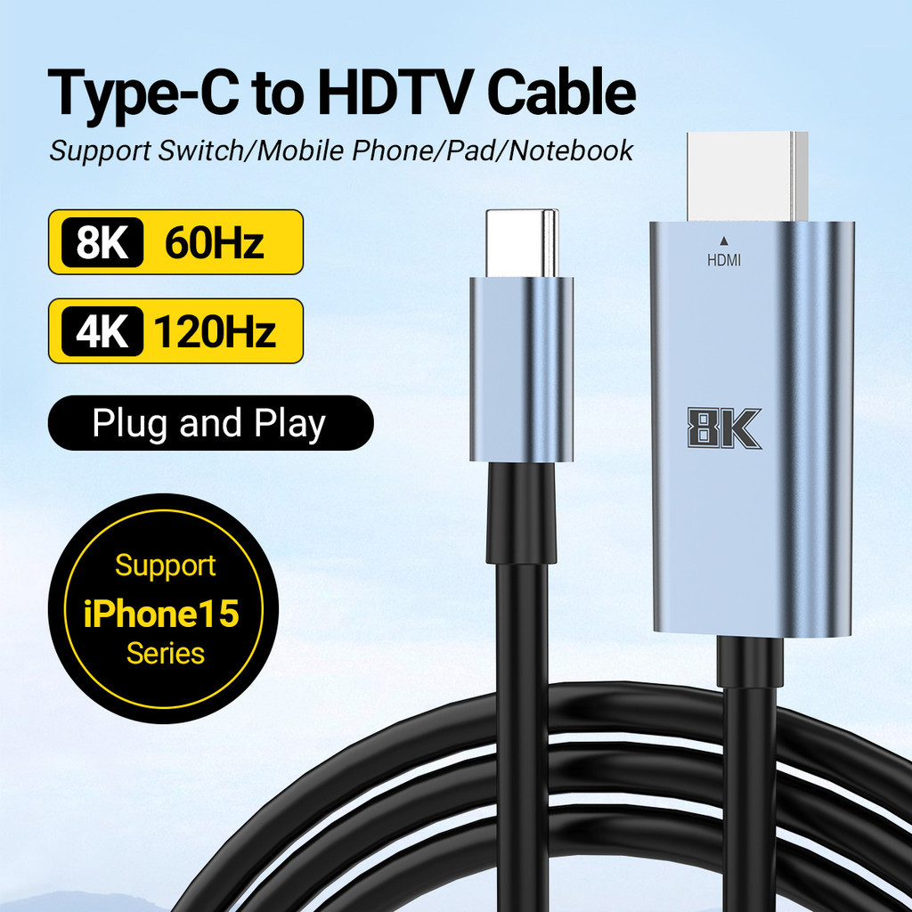 8k60hz/4k120hz Super HD USB-C ถึงสาย HDMI 2 เมตร/6.6ft/78.74in ประเภท C ถึงเชื่อมต่อสําหรับสาย HDMI Type C ถึงอะแดปเตอร์ HDMI Thunderbolt 3/4 สําหรับ Macbook Pro/Air, iPad Pro และอื่นๆ