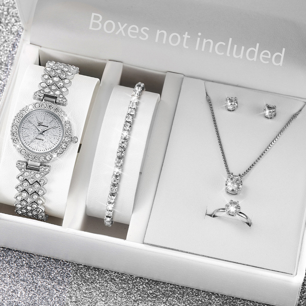 6 ชิ้น/เซ็ตแฟชั่นผู้หญิงนาฬิกา Rhinestone Dial Steel Band นาฬิกาควอตซ์ชุดเครื่องประดับ (พร้อมกล่อง)