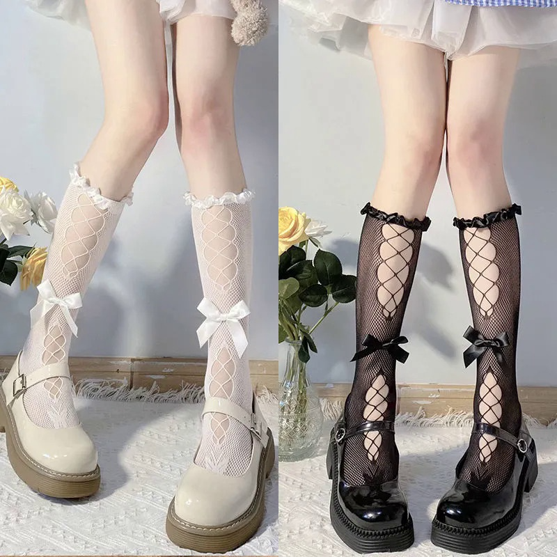 Lolita ถุงเท้าลูกวัว Cos Bowknot Hollow ถุงน่องเชื้อราลูกไม้ JK ถุงเท้าลูกวัว Lolita ถุงน่อง