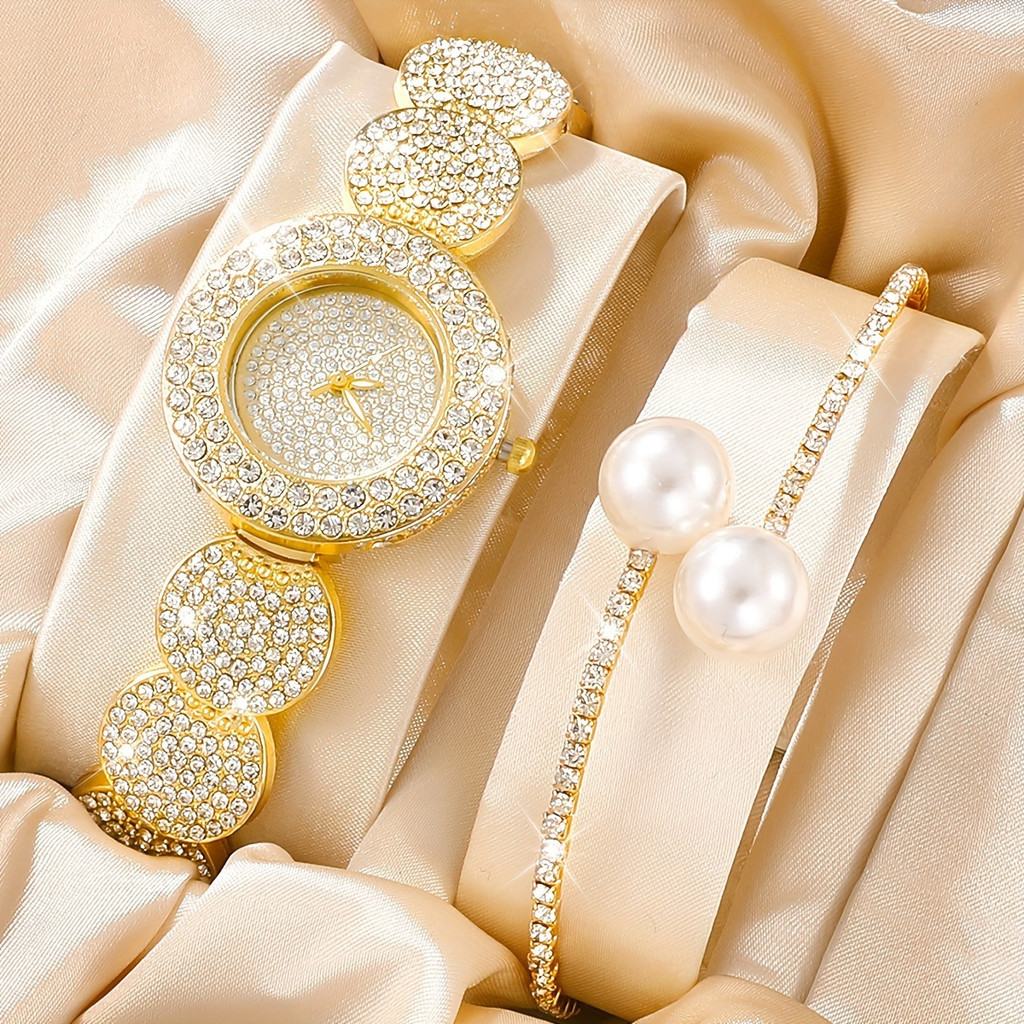 2 ชิ้น Silvery Rhinestone นาฬิกาควอตซ์สแตนเลสสายโลหะผสม Pointer และ Rhinestone สร้อยข้อมือของขวัญสําหรับ Mom Her
