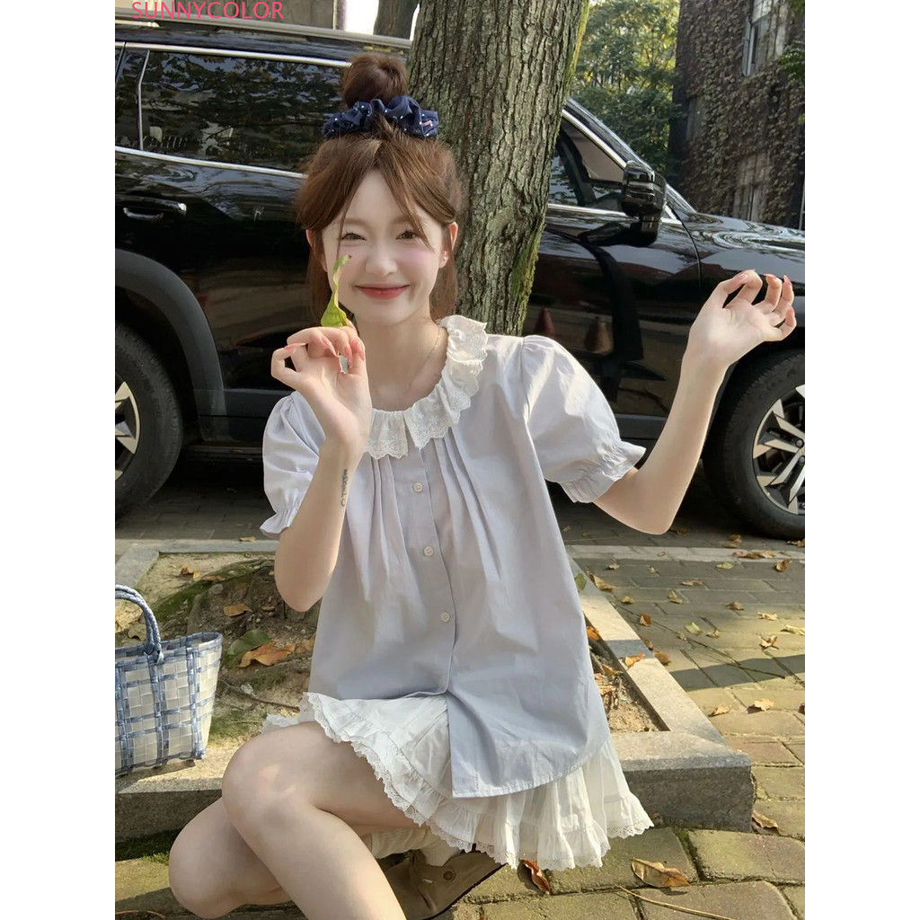 โดปามีน เวอร์ชั่นเกาหลีฤดูร้อนสไตล์ใหม่ด้านบนสไตล์กระโหลกออกแบบลูกไม้เย็บคอตุ๊กตาเสื้อขี้เล่น