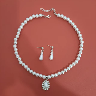 ต่างหูมุกหรูหราและชุดสร้อยคอ Waterdrop Diamond-Encrusted เจ้าสาวแฟชั่นอุปกรณ์เสริมอินเทรนด์