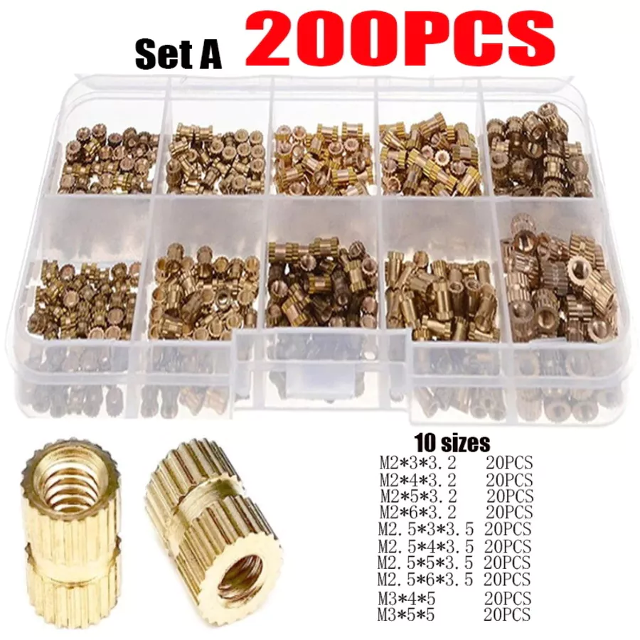 One ชุด 200 ชิ้นทองเหลืองเกลียวใส่ถั่วชุด, M2 M2.5 M3 Knurl ฝัง Fastener เมตริกหญิง Assortment สําหรับ 3D พิมพ์และพลาสติก