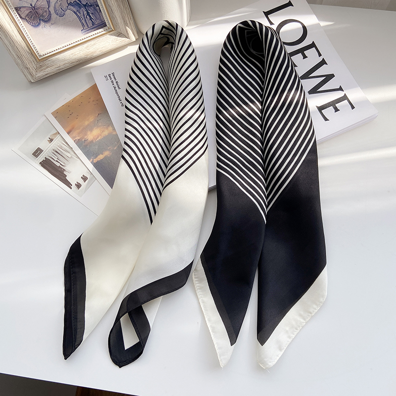 Simple Striped ผ้าพันคอหญิงผ้าพันคอผ้าไหม 70 ซม.ผ้าพันคอสี่เหลี่ยมเล็ก Stewardess Professional ผ้าพันคอขายส่ง Headscarf ผ้าพันคอผ้าพันคอ T
