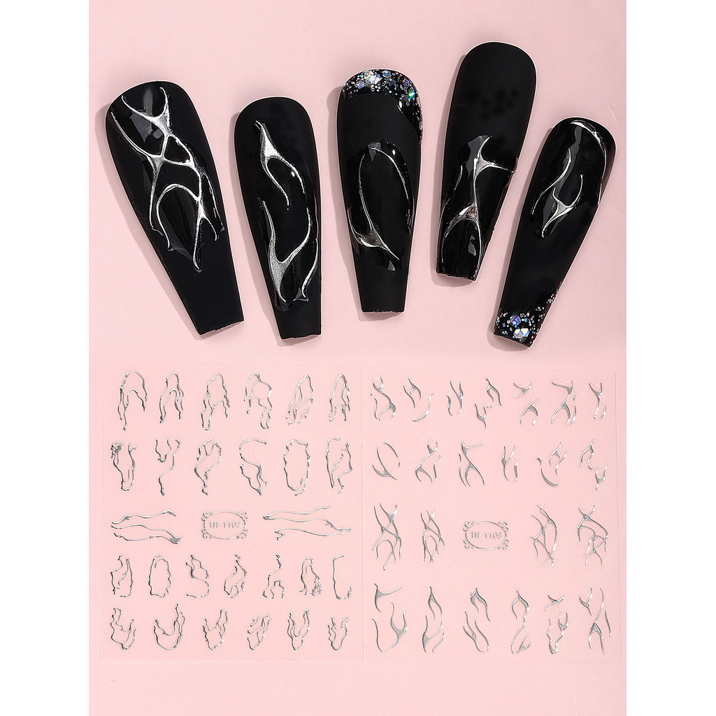 2pcs เงิน Y2K สติกเกอร์เล็บ 3D โลหะรูปแบบออกแบบเล็บ Decals สําหรับสาว DIY Self-กาวเล็บอุปกรณ์
