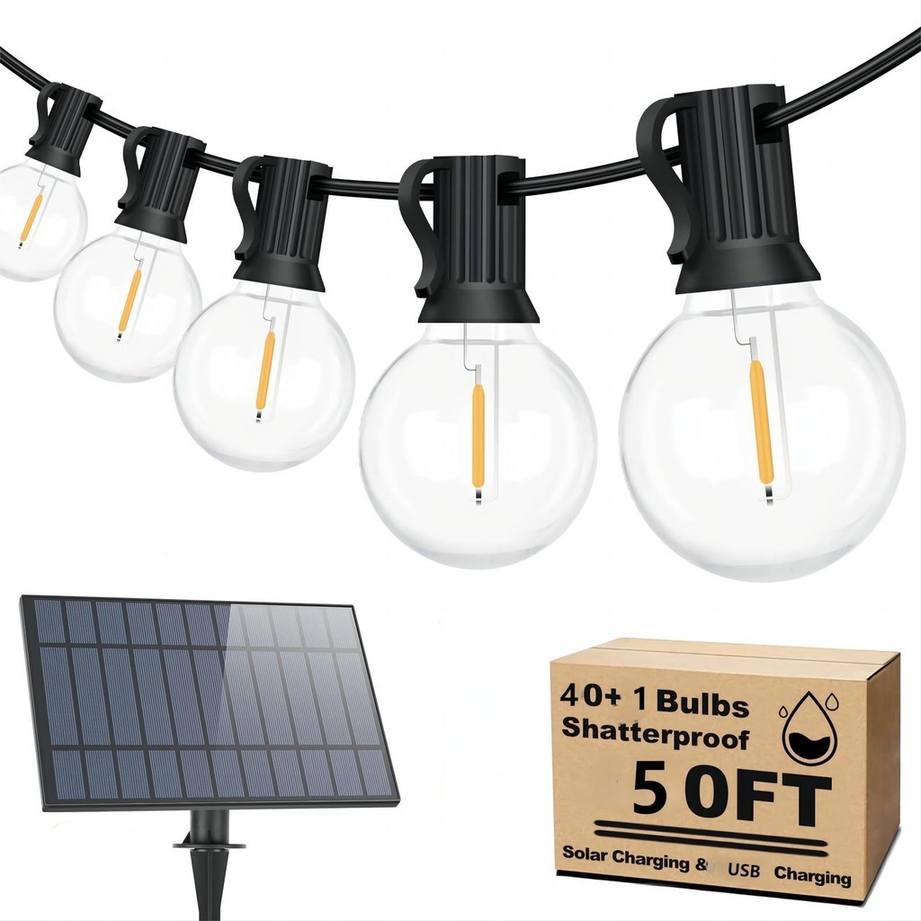 G40 ไฟ LED พลังงานแสงอาทิตย์ - 9.5 ม./25 หลอดไฟ & 15.5 ม./50 หลอดไฟ - IP44 กันน้ํา - ไฟตกแต่งกลางแจ้ง - ชาร์จพลังงานแสงอาทิตย์ - รีโมทคอนโทรล - งานแต่งงานและตกแต่งงานปาร์ตี้