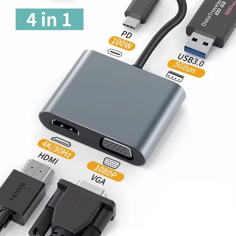 Usb C Hub 4 in 1 ประเภท C 3.0 อะแดปเตอร์ 4K HDMI HDTV VGA USB 3.0 PD Fast Charge Splitter สําหรับ MacBook โน้ตบุ๊คคอมพิวเตอร์แล็ปท็อป