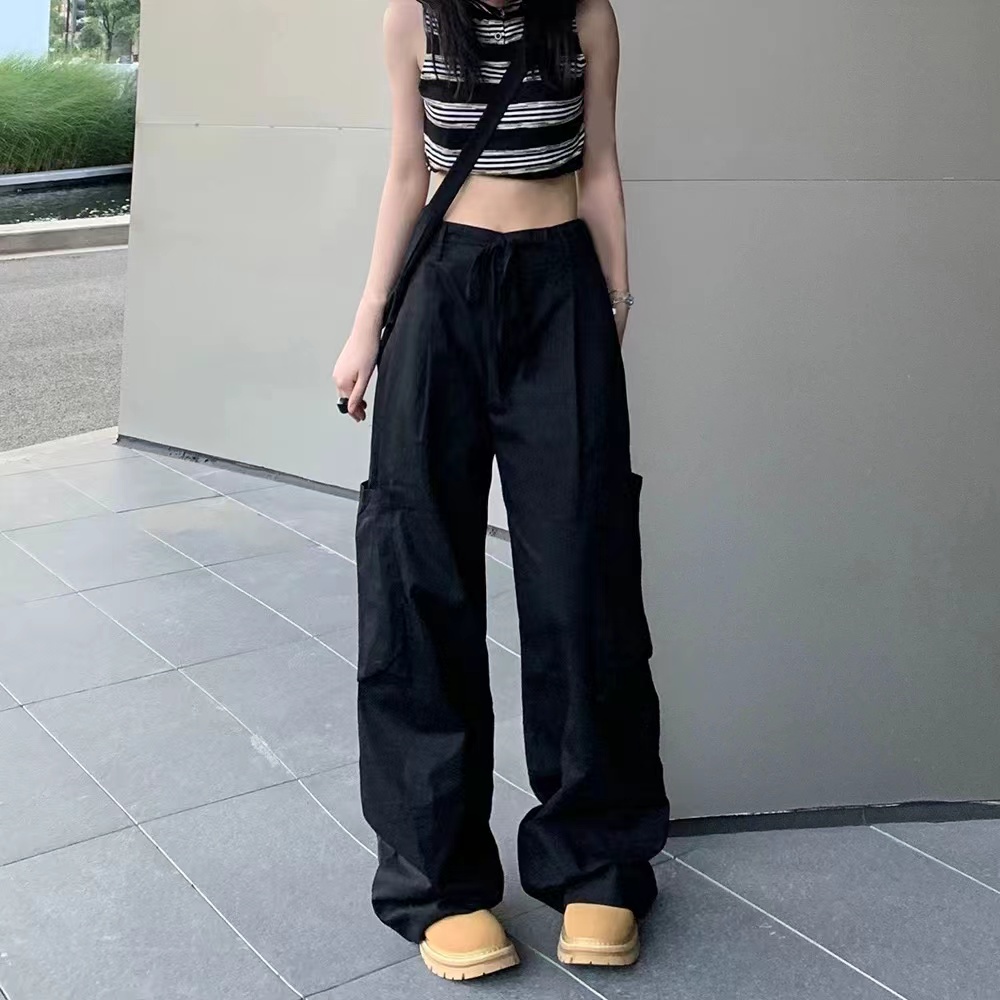 กางเกงทํางานสีดําผู้หญิงเอวสูงอเนกประสงค์ลําลองหลวมขากว้างออกแบบ
