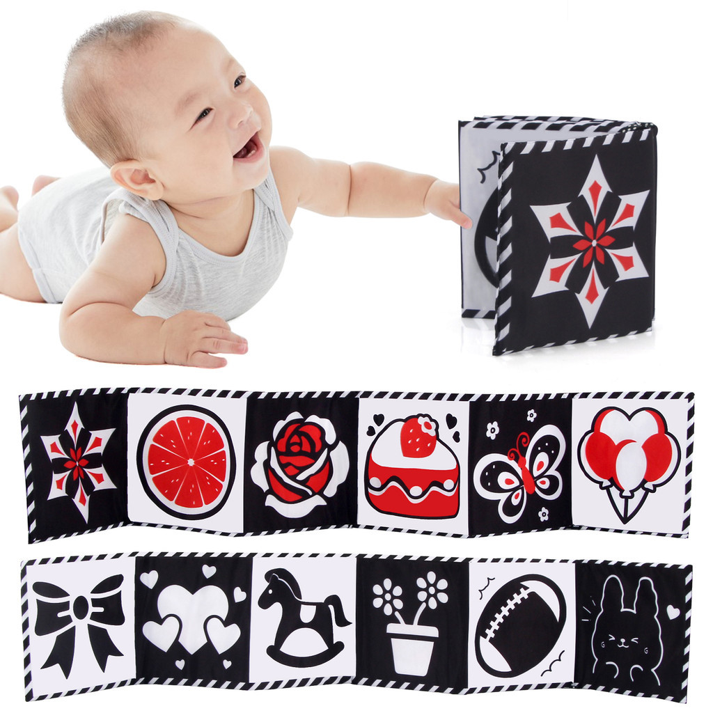 Black & White Baby Soft Cloth Book High Contrast Book ของเล่นสําหรับทารก Tummy Time กิจกรรมการศึกษาของเล่นเปล