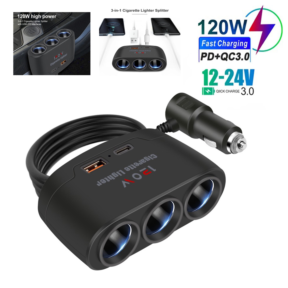 120w รถ Charger อะแดปเตอร์ 12V 24V 3 ซ็อกเก็ตไฟแช็ก Splitter Dual USB LED รถ Fast Charger สําหรับ iPhone iPad GPS Dashcam
