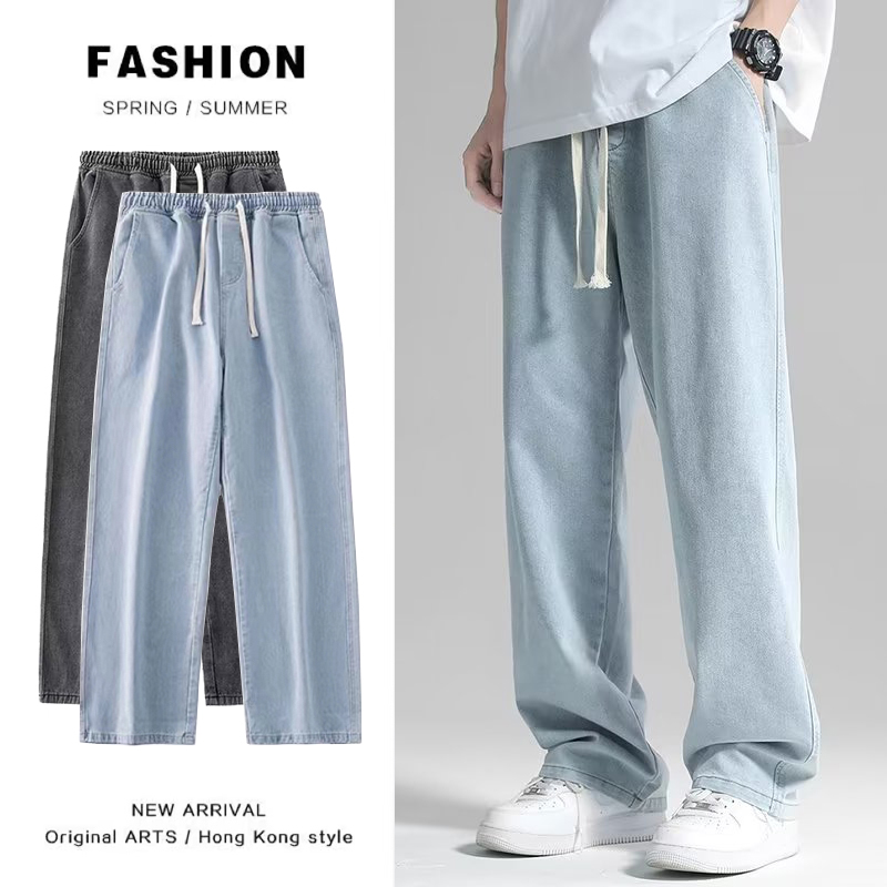 Men Jeans Loose Drawstring Straight Cut Jeans กางเกงสไตล์ Cleanfit กางเกงลําลองผู้ชาย S-5XL
