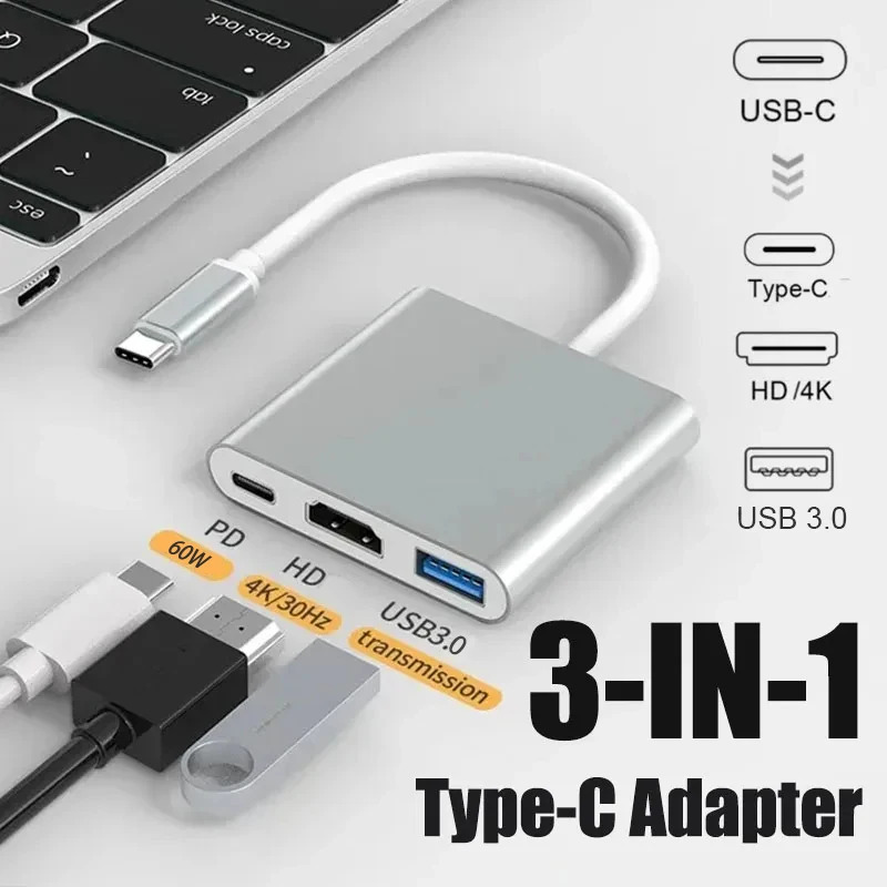 Usb-c ถึง HDMI ตัวแปลงสายเคเบิล 3 ใน 1 สําหรับ Samsung Huawei iPad Mac USB 3.1 ประเภท C ถึงสายอะแดปเตอร์ 4K ที่รองรับ HDMI