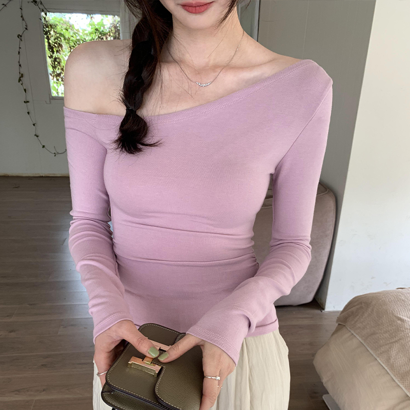เสื้อยืดแขนยาวไหล่เฉียงสีม่วงสําหรับผู้หญิงฤดูร้อนเซ็กซี่สาวเผ็ดอารมณ์ด้านบน