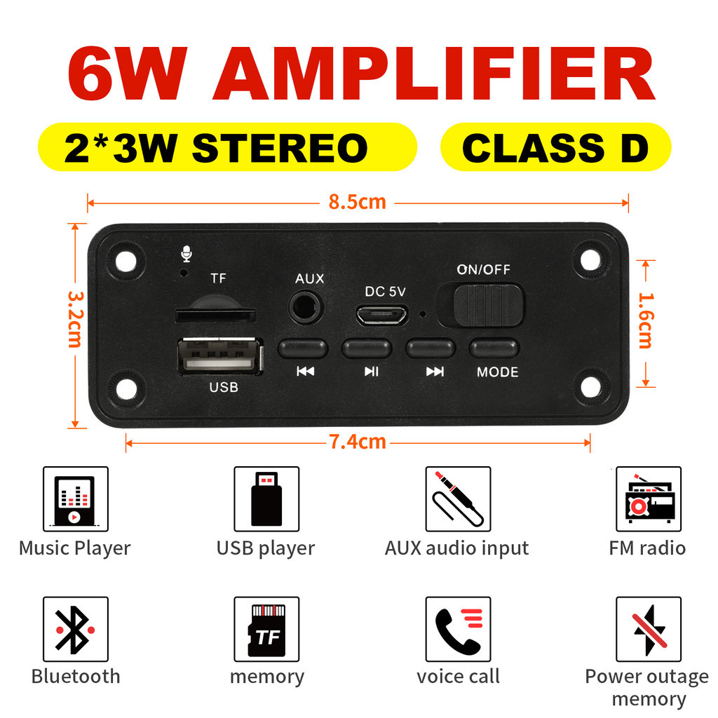 3.7- 5V บลูทูธ 5.0 MP3 ถอดรหัส 6W เครื่องขยายเสียง MP3 เครื่องเล่นรองรับการบันทึกการโทร 3.5 มม.USB TF FM สําหรับโมดูลลําโพงรถ