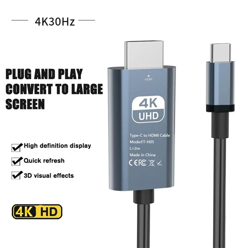 สายเคเบิลโปรเจคเตอร์ HDMI 4K@30Hz USB Type C เป็น HDMI 2 เมตร สําหรับ Macbook Pro Air Samsung Lenovo Thinkpad Switch