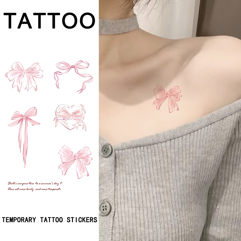 สติ๊กเกอร์รอยสักโบว์สีชมพูกันน้ําติดทนนานหญิงเฉพาะแขนกระดูกไหปลาร้าเซ็กซี่ล้างทําความสะอาดได้สติกเกอร์ทิ้ง