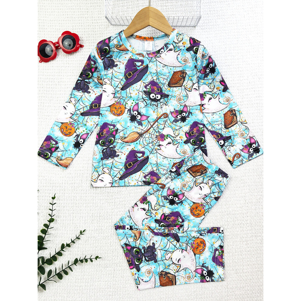 เสื้อผ้าเด็กฮาโลวีนเด็กฮาโลวีน Homewear ชุด Silky ชุดนอนชุดรอบคอกางเกงขายาวแขนยาวชุดน่ารักฟักทองค้างคาว Ghost รูปแบบการพิมพ์เต็มตัวนุ่มสบาย S