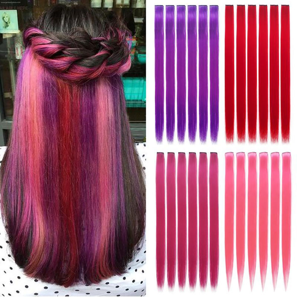 6ชิ้น20นิ้วสังเคราะห์ผู้หญิงคลิปตรงต่อผมสีชมพูสีเขียวสีเหลืองสีม่วงสีดําสีขาวที่มีสีสันคลิปส่วนขยายผมสําหรับทอใช้ทุกวันพรรคคอสเพลย์และวันหยุด