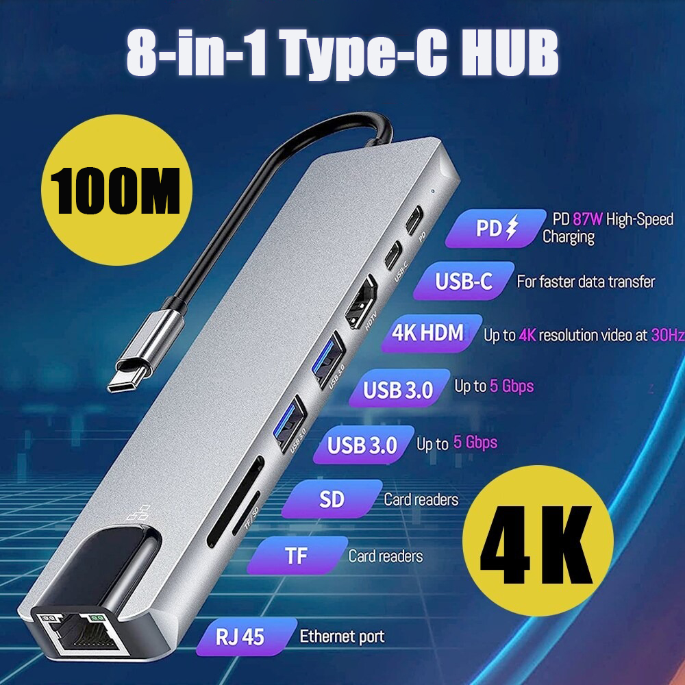 Usb Type C 8 in 1 Hub 3 0 ถึง USB 2.0 3.0 HDMI 4K RJ45 เครือข่าย SD TF Docking Station USB A Dual พอร์ตความเร็วสูงสําหรับ MacBook, iPad, PS4, Xbox, Windows, iOS, Android
