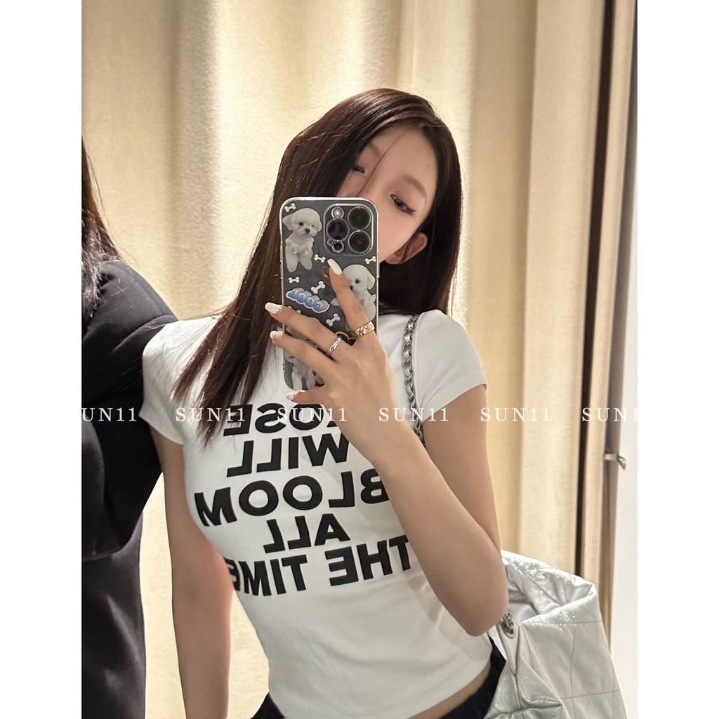 ยุโรปอเมริกันแฟชั่นแขนสั้นผู้หญิงฤดูร้อนall-matchเวอร์ชั่นเกาหลีslim-fit Slimmerดูพิมพ์ตัวอักษรเรียบง่ายรอบคอด้านในBottomingเสื้อ