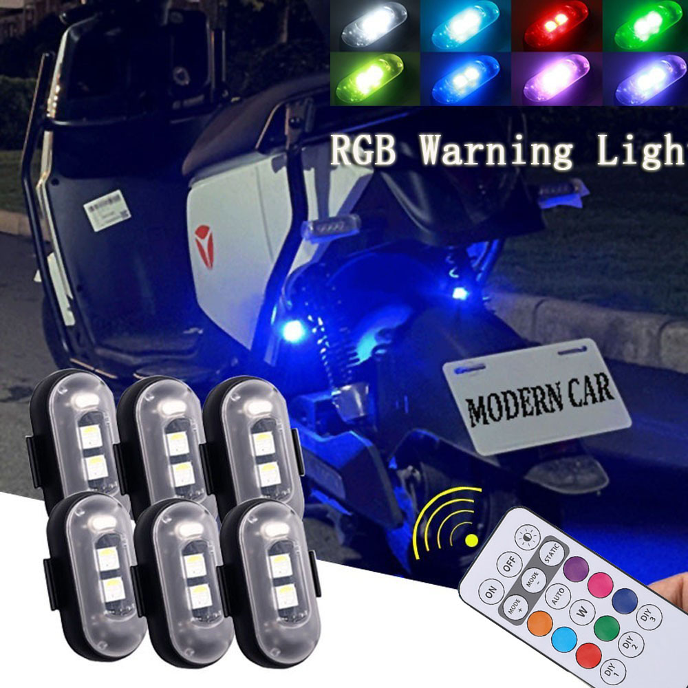 ไฟสัญญาณเตือน LED RGB ไร้สาย ชาร์จ USB ป้องกันการชน เพื่อความปลอดภัย สําหรับรถจักรยานยนต์ 4 ชิ้น 2 ชิ้น 1 ชิ้น 6 ชิ้น